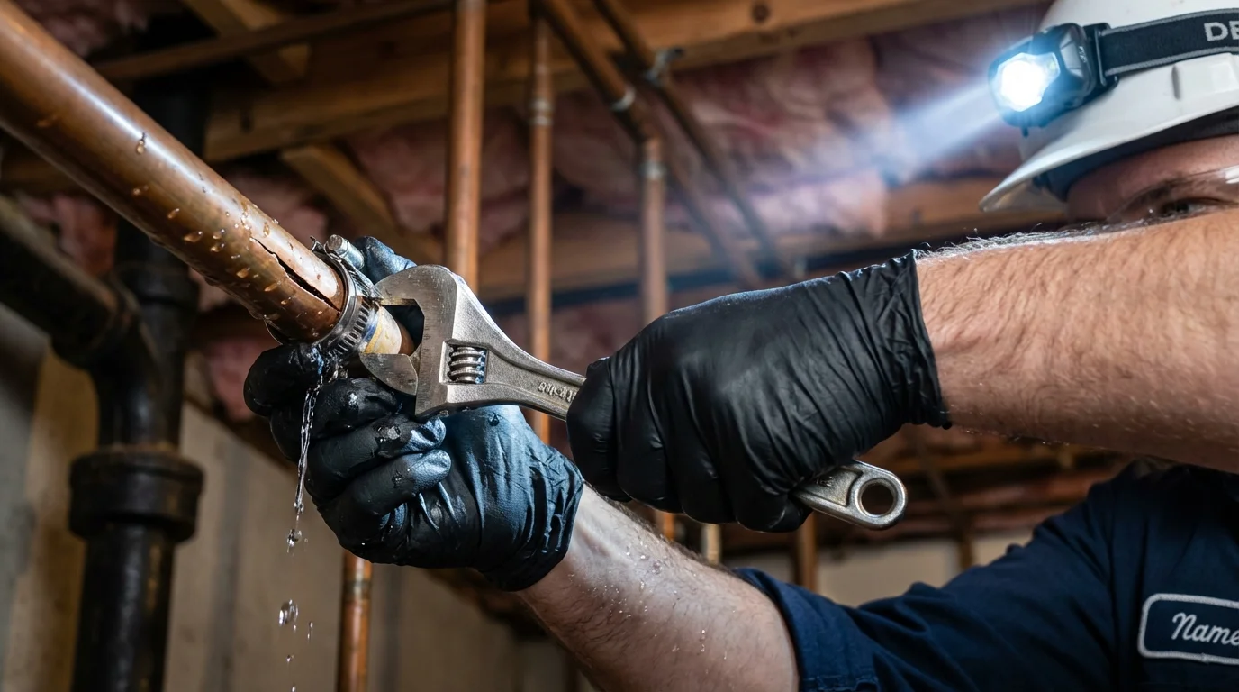 Emergency pipe clamp repair being performed by a Johns Plumbing LLC plumber in London