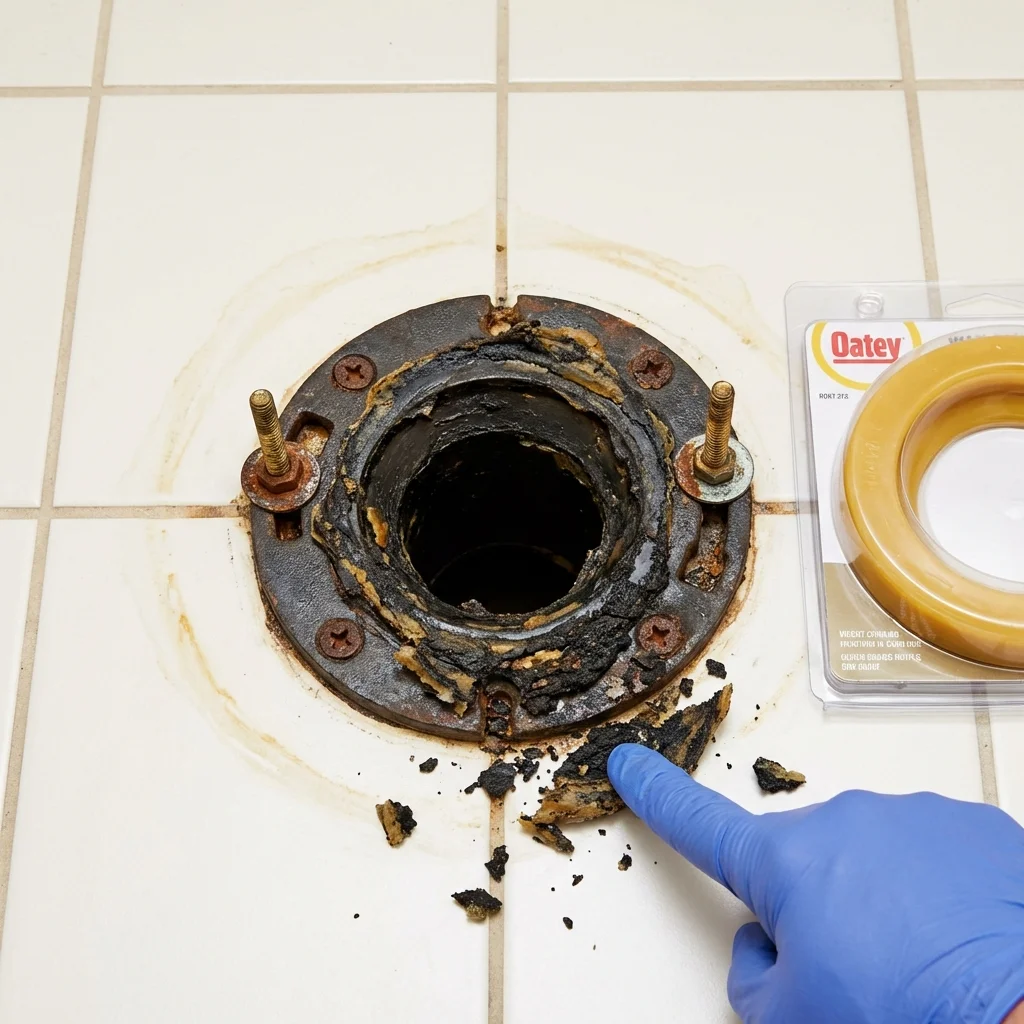 Failed wax ring showing water seepage at the base of a toilet in a London, OH home
