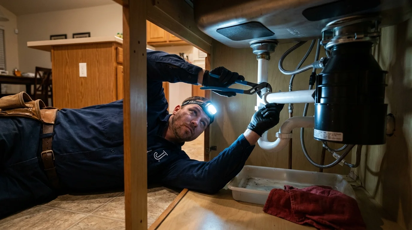 P-trap and supply line connections under a kitchen sink showing a common leak point in London, OH